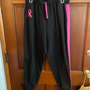 LuLaRoe Black Track Pants with Pink Ribbon & Side Stripe